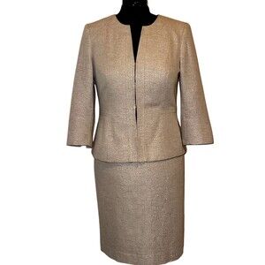 Anne Klein Ladies 2 Piece Gold Metallic Linen Blend Skirt Suit Size 8 Career